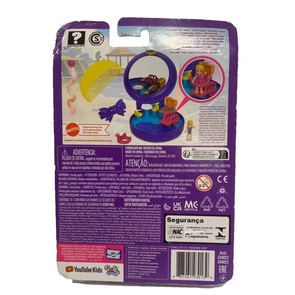 Polly Pocket Clip and Comb Pool Compact Play Set~Mini Doll Toy & Accessories~NEW